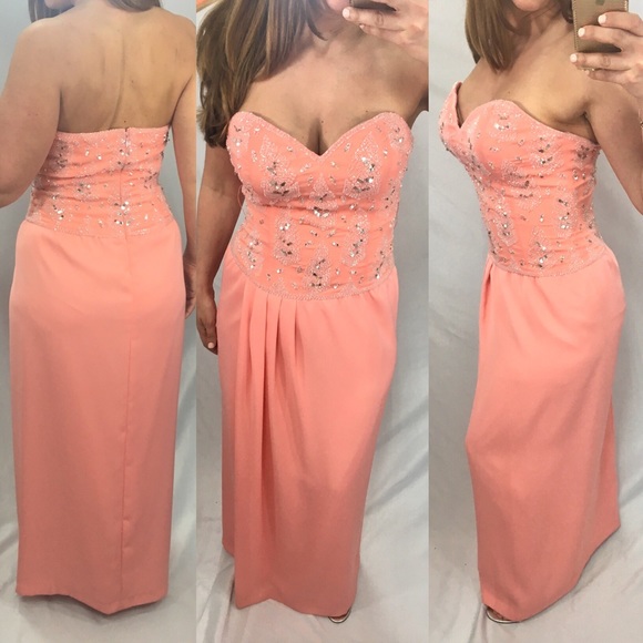 Peachy strapless Gown with silver sequins. Size 8 - Picture 2 of 3